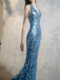Modest Mermaid V Neck Blue Sequins Prom Dresses Inspiration Long Party Night Evening Dress 20th Birthday Outfits HZ0311