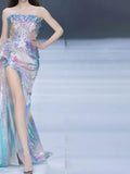 Sparkly Ball Gown Strapless Sequins With Slit Colorful Prom Dresses Inspiration Long Party Night Gowns 20th Birthday Outfits HZ0311
