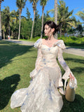 Elegant Mermaid Square Neck Floral Chiffon Blue Long Sleeves Prom Dresses 16th Nigh Party Birthday Outfits HZ0311