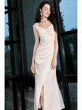 Sexy Sheath Sweetheart White Satin Ankle Length Prom Dresses Wedding Guest Dress 22th Birthday Outfits HZ0311