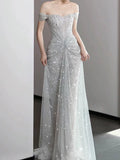 Modest Mermaid Off The Shoulder Silver Sequins With Pleated Prom Dresses Inspiration Long Party Night Evening Dress 19th Birthday Outfits HZ0311