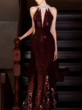 Modest Mermaid High Neck Sequins Burgundy Prom Dresses Inspiration Long Party Evening Dress 21st Birthday Outfits HZ0311
