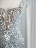 Modest Mermaid Square Neck Sequins With Beaded Silver Gray Prom Dresses Inspiration Long Party Evening Dress 19th Birthday Outfits HZ0311