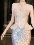 Modest Mermaid Strapless Sequins Champagne Prom Dresses Inspiration Long Party Evening Dress 21st Birthday Outfits HZ0311