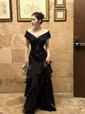 Classy Mermaid Off The Shoulder Black With Short Sleeves Floor Length Pleated Prom Dress Graduation 20th Birthday Outfits HZ0311