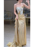 Modest Mermaid Strapless Gold With Slit Long Prom Dress Fashion Aesthetic High School Formal Dresses Party Outfits Prom Gown HZ0311