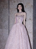 Princess Ball Gown Strapless Pink With Beads Prom Dresses Inspiration Long Party Night Gowns 18th Birthday Outfits HZ0311