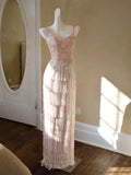 Glittery Sheath Spaghetti Straps Pink Tassel Pink Prom Dresses Inspiration Long Party Evening Dress 20th Birthday Outfits HZ0311