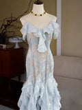 Vintage 1960s Mermaid Spaghetti Straps Light Sky Blue Chiffon Prom Dresses Inspiration Long Party Dress 18th Birthday Outfits HZ0311