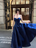 Sexy A line Spaghetti Straps Royal Blue Satin Long Prom Dresses Wedding Guest Dress 20th Birthday Outfits HZ0311