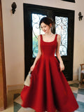 Elegant A Line Square Neck Satin Red Ankle Length Prom Dresses 17th Nigh Party Birthday Outfits HZ0311
