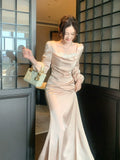 Elegant Mermaid Square Neck Pink Silky Satin Ankle Length Prom Dresses 16th Nigh Party Birthday Outfits HZ0311