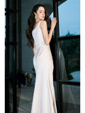 Sexy Sheath Sweetheart White Satin Ankle Length Prom Dresses Wedding Guest Dress 22th Birthday Outfits HZ0311