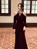 Sexy Mermaid Jewel Neck Burgundy Velvet Long Sleeves Ankle Length Prom Dresses Wedding Guest Dress 22th Birthday Outfits HZ0311