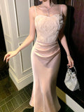 Sexy Mermaid Spaghetti Straps Pink Satin Prom Dresses Wedding Guest Dress 20th Birthday Outfits HZ0311