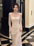 Sexy Mermaid Square Neck Lace White Long Sleeves Ankle Length Prom Dresses Wedding Guest Dress 22th Birthday Outfits HZ0311
