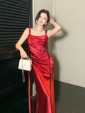 Elegant Mermaid Spaghetti Straps Red Satin Sleeveless Long Prom Dresses 16th Nigh Party Birthday Outfits HZ0311
