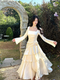 Modest Mermaid Square Neck Ivory Satin Long Sleeves Prom Dresses Wedding Guest Dress 16th Birthday Outfits HZ0311