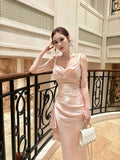 Elegant Mermaid Spaghetti Strap Pink Satin Bodycon Pleated Prom Dress Aesthetic Graduation Birthday Holiday Outfits HZ0311