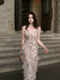 Elegant Mermaid Spaghetti Strap Pink Chiffon Rose Sequin Long Layered Prom Dress Aesthetic Graduation Evening Outfits HZ0311