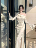 Elegant Mermaid Off The Shoulder White Silky Satin Ankle Length Prom Dresses 16th Nigh Party Birthday Outfits HZ0311