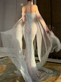 Sparkly Wedding Dresses Mermaid Scoop Neck With Long Sleeves Cape Silver Gray Sequins Brides Dress For Brides Fitted Bridal Gown HZ0311