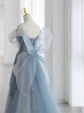 Modest Ball Gown Spaghetti Straps Dusty Blue Tulle Prom Dresses Inspiration Long Party Night Evening Dress 20th Birthday Outfits HZ0311