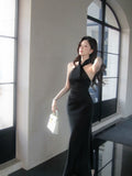 Modest Mermaid Halter Black Long Prom Dresses Wedding Guest Dress 20th Birthday Outfits HZ0311