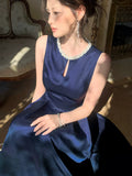 Elegant A line Jewel Neck Navy Blue Satin With Beaded Sleeveless Prom Dresses 16th Nigh Party Birthday Outfits HZ0311