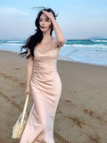 Elegant Mermaid Square Neck Satin Pink Ankle Length Prom Dresses 16th Nigh Party Birthday Outfits HZ0311