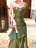 Modest Mermaid Spaghetti Straps Green Long Prom Dresses High School Teens Graduation Dance Dress 20th Birthday Outfits HZ0311