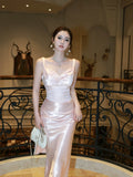 Elegant Mermaid Spaghetti Strap Pink Satin Bodycon Pleated Prom Dress Aesthetic Graduation Birthday Holiday Outfits HZ0311