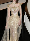 Luxurious Mermaid Evening Dress Strapless Gold Sequins Prom Dress Long Party Dress 19th Birthday Outfits HZ0311