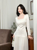 Simple A Line Square Neck Drop Waist White Chiffon Mid Length Prom Dress Aesthetic Graduation Evening Outfits HZ0311