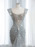 Modest Mermaid Square Neck Sequins With Beaded Silver Gray Prom Dresses Inspiration Long Party Evening Dress 19th Birthday Outfits HZ0311
