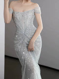 Modest Mermaid Off The Shoulder Silver Sequins With Pleated Prom Dresses Inspiration Long Party Night Evening Dress 19th Birthday Outfits HZ0311