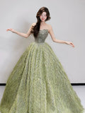 Princess Ball Gown Strapless Green Sequins Bodice Prom Dresses Inspiration Long Party Night Gowns 20th Birthday Outfits HZ0311