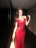 Elegant Mermaid Spaghetti Straps Red Satin Ankle Length Prom Dresses 17th Nigh Party Birthday Outfits HZ0311
