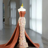 Modest Mermaid Strapless Floral Sequins Brown Prom Dresses Inspiration Long Party Night Evening Dress 19th Birthday Outfits HZ0311