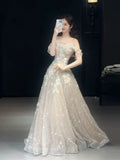 Cute A line Off The Shoulder With Cap Sleeves Sequins Champagne Long Formal Prom Dresses Dance Night Outfits Party Gowns HZ0311