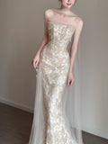 Timeless Wedding Dresses Mermaid Strapless Champagne Sleeveless Lace Brides Dress Style For Brides With Scarf Fitted Bridal Gowns HZ0311