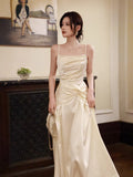 Sexy A line Spaghetti Straps Ivory Satin Long Prom Dresses Wedding Guest Dress 20th Birthday Outfits HZ0311