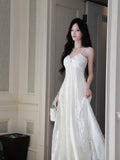 Elegant A Line Spaghetti Strap White Lace Long Pleated Prom Dress Aesthetic Graduation Birthday Outfits HZ0311