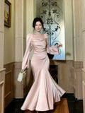 Modest Mermaid Square Neck Pink Satin Long Sleeves Prom Dresses Wedding Guest Dress 16th Birthday Outfits HZ0311