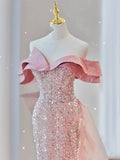 Sparkly Mermaid Evening Dress Off The Shoulder Pink Sequins Prom Dress Long Party Dress 19th Birthday Outfits HZ0311