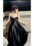 Modest A line Spaghetti Straps Black Satin Prom Dresses Wedding Guest Dress 16th Party Birthday Outfits HZ0311