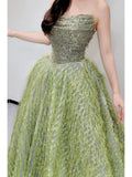 Princess Ball Gown Strapless Green Sequins Bodice Prom Dresses Inspiration Long Party Night Gowns 20th Birthday Outfits HZ0311