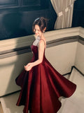 Modest A line Spaghetti Straps Burgundy Satin Prom Dresses Wedding Guest Dress 20th Party Birthday Outfits HZ0311