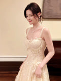 Sexy A line Spaghetti Straps Apricot Lace Prom Dresses Wedding Guest Dress 20th Birthday Outfits HZ0311