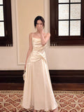 Sexy A line Spaghetti Straps Ivory Satin Long Prom Dresses Wedding Guest Dress 20th Birthday Outfits HZ0311